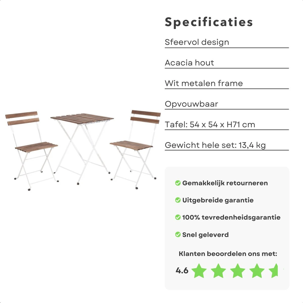 Cheqo® Set De Bistro 3 Pièces - Salon De Jardin - Salon De Balcon - Chaises Avec Table - Table De Jardin - Chaise De Jardin - Bois & Métal - Wit - 70x70x75cm 3 Cheqo® Set De Bistro 3 Pièces - Salon De Jardin - Salon De Balcon - Chaises Avec Table - Table De Jardin - Chaise De Jardin - Bois & Métal - Wit - 70x70x75cm – Image 3