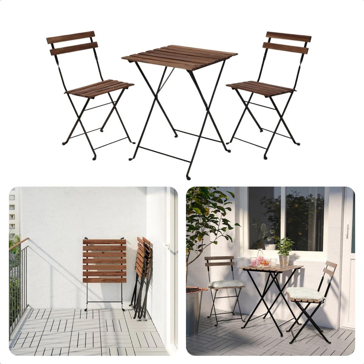 Set De Bistro 3 Pièces - Salon De Jardin - Table Avec Chaises - Bois D'acacia Et Cadre En Métal Zwart - 54x54cm - Pliable - Léger - 13,4kg 1 Set De Bistro 3 Pièces - Salon De Jardin - Table Avec Chaises - Bois D'acacia Et Cadre En Métal Zwart - 54x54cm - Pliable - Léger - 13,4kg