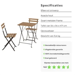 Set De Bistro 3 Pièces - Salon De Jardin - Table Avec Chaises - Bois D'acacia Et Cadre En Métal Zwart - 54x54cm - Pliable - Léger - 13,4kg 9 Set De Bistro 3 Pièces - Salon De Jardin - Table Avec Chaises - Bois D'acacia Et Cadre En Métal Zwart - 54x54cm - Pliable - Léger - 13,4kg -Jardin Meubles Magasin 1200x1200 1704