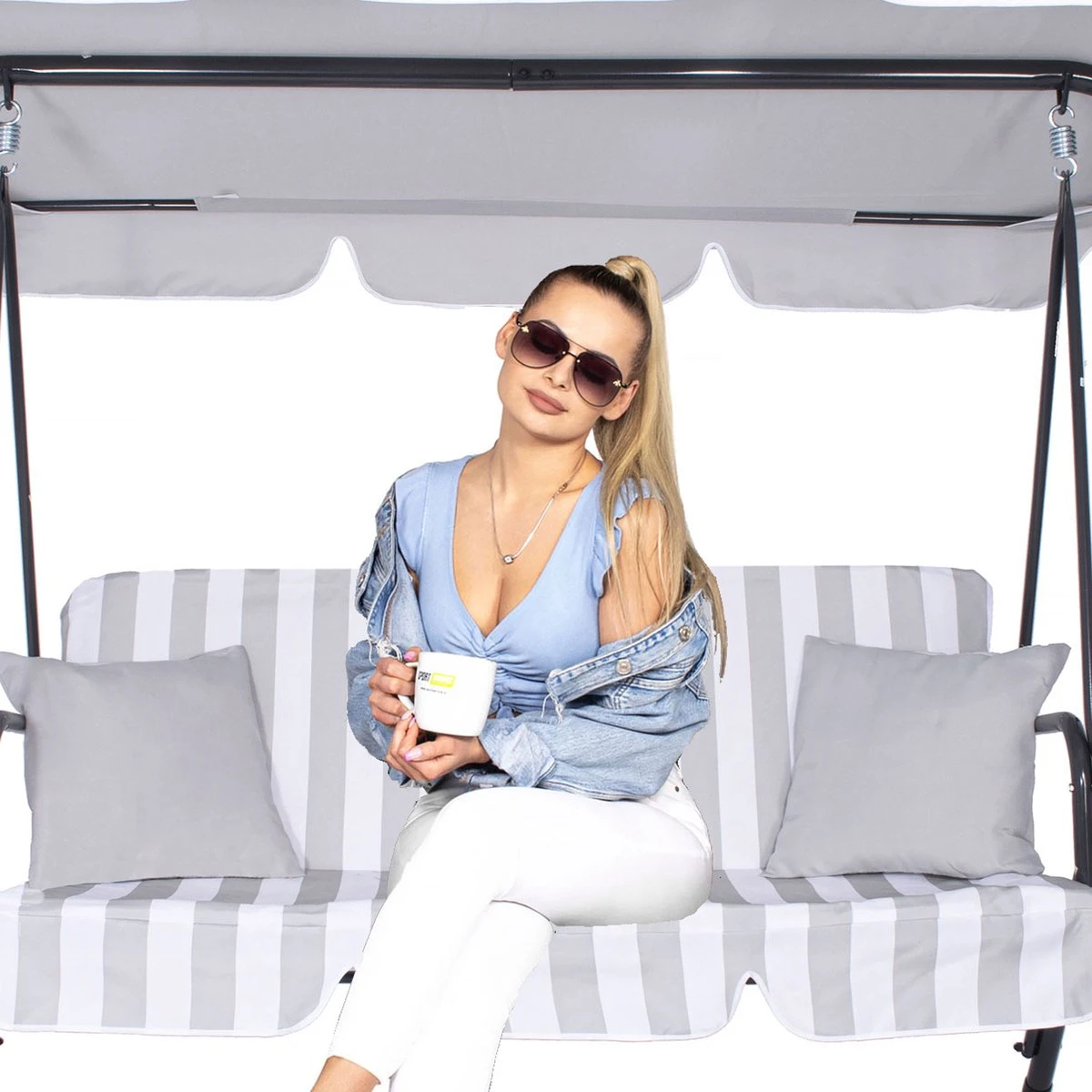 Banc De Balançoire Springos | Luna-Balançoire | 3 Places | Imperméable à L'eau | Comprend 2 Coussins | Auvent Réglable | 170 X 110 X 150 Cm | Rayé Gris Clair 6 Banc De Balançoire Springos | Luna-Balançoire | 3 Places | Imperméable à L'eau | Comprend 2 Coussins | Auvent Réglable | 170 X 110 X 150 Cm | Rayé Gris Clair – Image 6