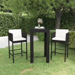Ensemble De Bar De Jardin Premium - Ensemble De Bar De Jardin 3 Pièces Avec Coussins Poly Rotin Noir