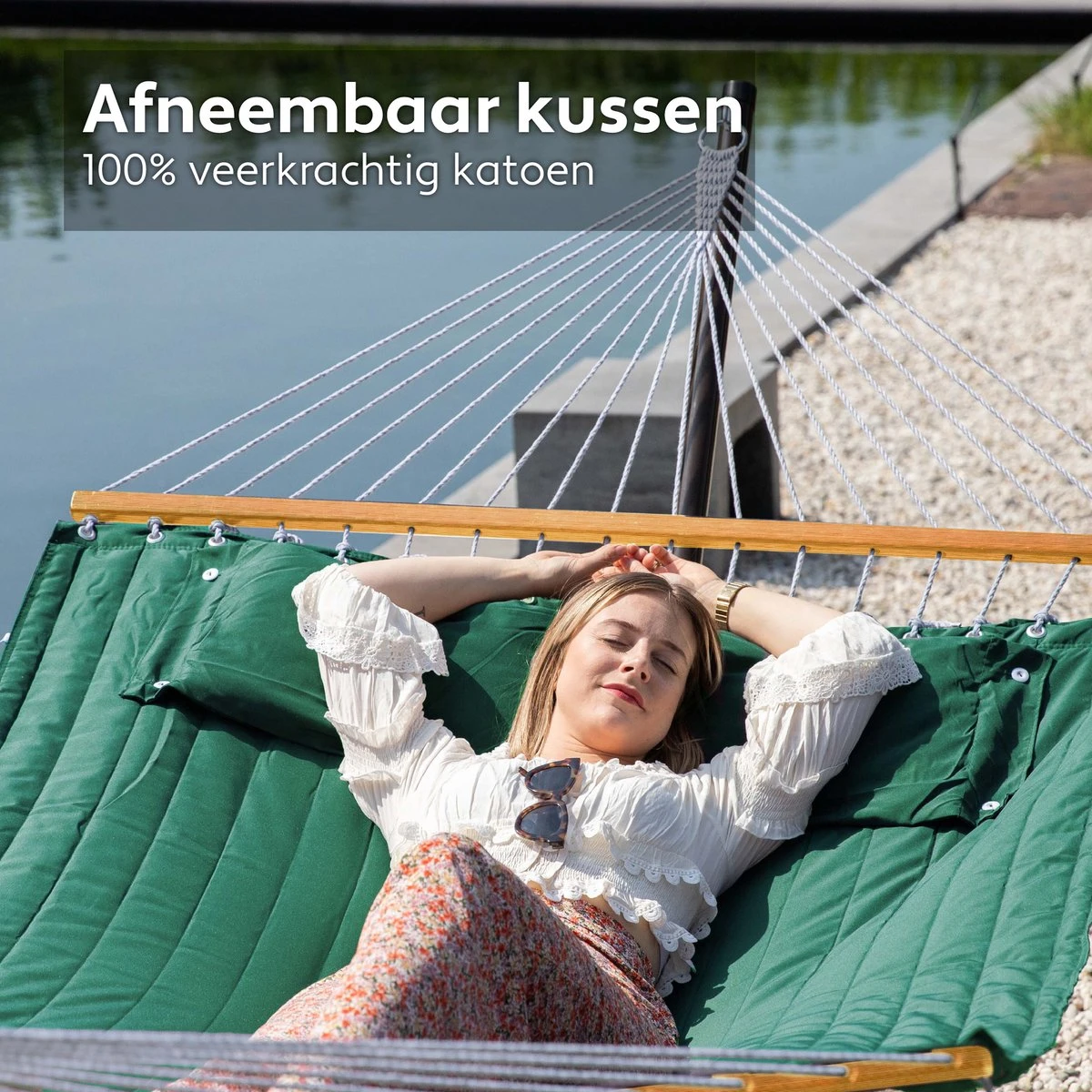 Hamac Vita5 Avec Support Et Barre D'écartement - 2 Personnes - Kussen Amovible - Résistant Aux Intempéries - Vert Foncé 4 Hamac Vita5 Avec Support Et Barre D'écartement - 2 Personnes - Kussen Amovible - Résistant Aux Intempéries - Vert Foncé – Image 4