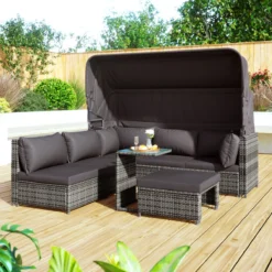 Ensemble De Meubles De Jardin En Rotin 5 Pièces - Ensemble De Salon De Terrasse Avec Auvent - Coussins Lavables Tissés Résistants Aux Intempéries Tissé Gris + Coussins Gris