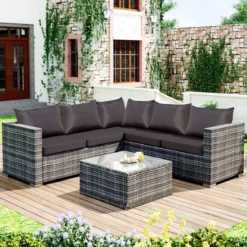 Ensemble De Salon En Polyrotin Canapé - Salon De Jardin 5 Places Avec Coussins Anti-UV Gris / Déhoussables - Canapé D'angle En Rotin Avec Canapé Simple Et Table Basse - Pour 4-5 Personnes Gris -Jardin Meubles Magasin 1200x1200 2367