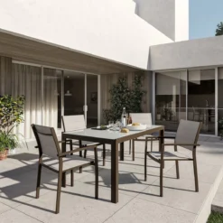 NATERIAL - Set De 4 Chaises De Jardin ORION BETA II Avec Accoudoirs - 4 Chaises De Jardin - Empilables - Chaises De Terrasse - Chaises De Chaises De Salle à Manger - Aluminium - Textilène - Marron - Beige -Jardin Meubles Magasin 1200x1200 2450