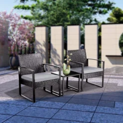 Furnibellaa - Ensemble De Jardin En Polyrotin Ensemble De Balcon 3 Pièces Ensemble De Salon Aspect Rotin Pour Jardin Et Terrasse, Avec Coussin D'assise Et Plaque De Verre -Jardin Meubles Magasin 1200x1200 2452