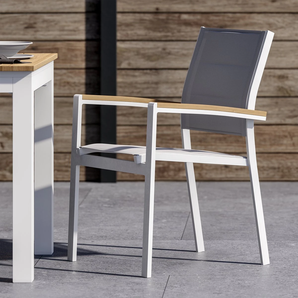 NATERIAL - Set De 6 Chaises De Jardin SAN DIEGO Avec Accoudoirs - 6 X Chaises De Jardin - Empilables - Aluminium - Textilène - Wit - Eucalyptus - Chaises De Terrasse - Chaises De Salle à Manger 5 NATERIAL - Set De 6 Chaises De Jardin SAN DIEGO Avec Accoudoirs - 6 X Chaises De Jardin - Empilables - Aluminium - Textilène - Wit - Eucalyptus - Chaises De Terrasse - Chaises De Salle à Manger – Image 5