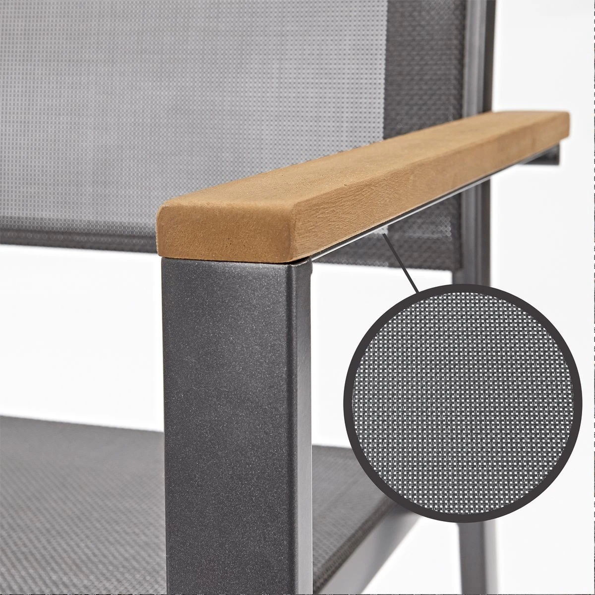 NATERIAL - Set De 4 Chaises De Jardin ORIS Avec Accoudoirs - 4 X Chaises De Jardin - Empilables - Chaises De Terrasse - Chaises De Salle à Manger De Salle à Manger - Aluminium - Textilène - Eucalyptus - Anthracite 5 NATERIAL - Set De 4 Chaises De Jardin ORIS Avec Accoudoirs - 4 X Chaises De Jardin - Empilables - Chaises De Terrasse - Chaises De Salle à Manger De Salle à Manger - Aluminium - Textilène - Eucalyptus - Anthracite – Image 5