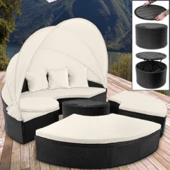 Deuba Polyrattan Solar Island Ø185cm Coussins Zwart Crème Pare-Soleil Pliable WPC -Jardin Meubles Magasin 1200x1200 2490