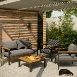 NATERIAL - Salon De Jardin ORIS II - Salon De Jardin - 4 Personnes - 1 Canapé Extérieur - 2 Fauteuils - 1 Table Basse Extérieur L. 72 X L. 72 X H. 32 Cm - Aluminium - Bois D'eucalyptus FSC - Anthracite - Gris -Jardin Meubles Magasin 1200x1200 2529