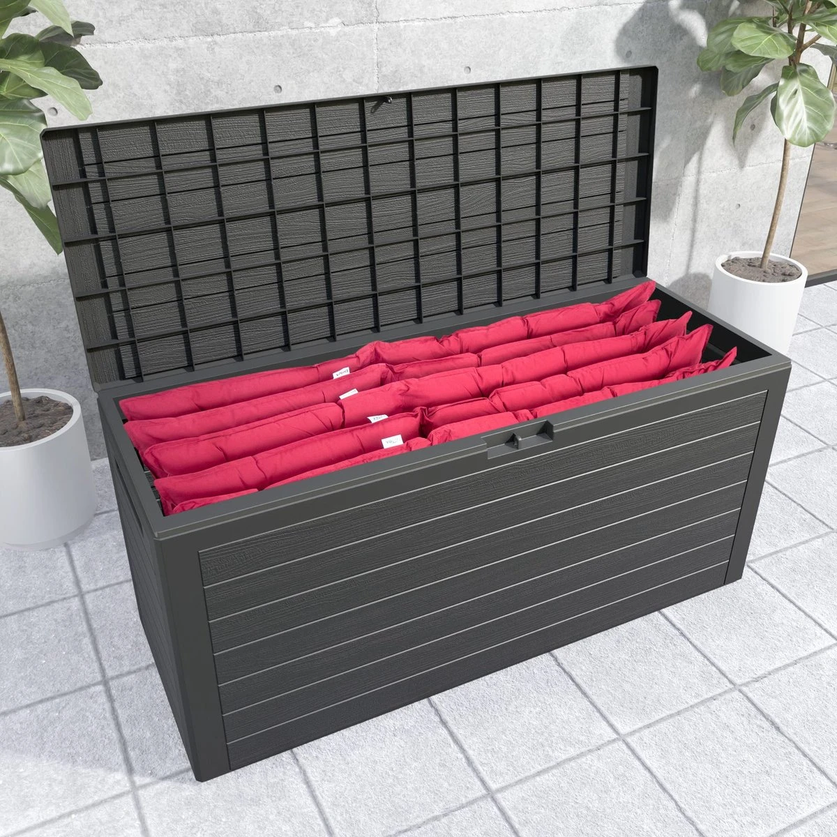 Coffre De Rangement Effet Bois 120 X 46 X 57 Cm Coffre Extérieur Avec Couvercle Rabattable Stockage Jardin 5 Coffre De Rangement Effet Bois 120 X 46 X 57 Cm Coffre Extérieur Avec Couvercle Rabattable Stockage Jardin – Image 5