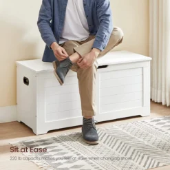 Songmics VASAGLE Meuble De Rangement, Coffre à Jouets, Banc à Chaussures, Coffre à Siège, Coffre De Rangement Avec Couvercle, Coffre De Rangement, Banc Avec Espace De Rangement, Charnières De Sécurité, 100 X 40 X 46 Cm, Blanc Mat LSB061T10 -Jardin Meubles Magasin 1200x1200 342