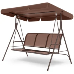 Banc Pivotant LifeGoods - Banc De Jardin 3 Places - Capacité De Charge De 250 Kg - Banc Suspendu Pour 3 Personnes - Toit Inclinable - Parasol Résistant Aux UV - Textile Durable - 172x104x162cm - Marron