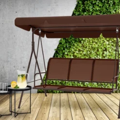 Banc Pivotant LifeGoods - Banc De Jardin 3 Places - Capacité De Charge De 250 Kg - Banc Suspendu Pour 3 Personnes - Toit Inclinable - Parasol Résistant Aux UV - Textile Durable - 172x104x162cm - Marron -Jardin Meubles Magasin 1200x1200 378