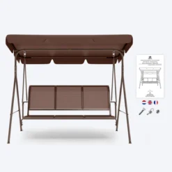 Banc Pivotant LifeGoods - Banc De Jardin 3 Places - Capacité De Charge De 250 Kg - Banc Suspendu Pour 3 Personnes - Toit Inclinable - Parasol Résistant Aux UV - Textile Durable - 172x104x162cm - Marron -Jardin Meubles Magasin 1200x1200 381