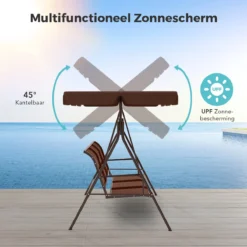 Banc Pivotant LifeGoods - Banc De Jardin 3 Places - Capacité De Charge De 250 Kg - Banc Suspendu Pour 3 Personnes - Toit Inclinable - Parasol Résistant Aux UV - Textile Durable - 172x104x162cm - Marron -Jardin Meubles Magasin 1200x1200 385