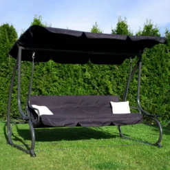 Banc De Balançoire Springos | Luna-Balançoire | 3 Places | Imperméable à L'eau | Comprend 2 Coussins | Auvent Réglable | 162 X 200 X 120 Cm | Noir
