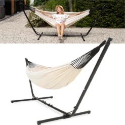 Hamac Avec Support 2 Personnes / 205 Kg - Longueur Du Cadre Réglable 290-330 Cm - Tapis De Surface 241 * 160 Cm - Avec Sac De Transport (Beige)