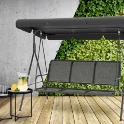 Banc Pivotant LifeGoods - Banc De Jardin 3 Places - Capacité De Charge De 250 Kg - Banc Suspendu Pour 3 Personnes - Toit Inclinable - Parasol Résistant Aux UV - Textile Durable - 172x104x162cm - Grijs -Jardin Meubles Magasin 1200x1200 400