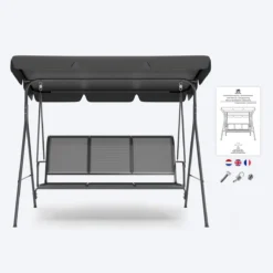 Banc Pivotant LifeGoods - Banc De Jardin 3 Places - Capacité De Charge De 250 Kg - Banc Suspendu Pour 3 Personnes - Toit Inclinable - Parasol Résistant Aux UV - Textile Durable - 172x104x162cm - Grijs -Jardin Meubles Magasin 1200x1200 401