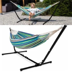 Hamac Avec Support 2 Personnes / 205 Kg - Longueur Du Cadre Réglable 290-330 Cm - Tapis De Surface 241 * 160 Cm - Avec Sac De Transport ( Blauw/ Vert