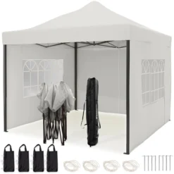 Tente De Réception De Luxe LifeGoods Avec Parois Latérales - 3x3 M - Incl. Sacs De Poids - Cadre En Acier Pliable - Imperméable - Résistant Aux Intempéries - Sac De Transport à Roulettes - Wit