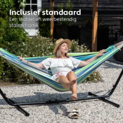 Hamac Avec Support 2 Personnes / 205 Kg - Longueur Du Cadre Réglable 290-330 Cm - Tapis De Surface 241 * 160 Cm - Avec Sac De Transport ( Blauw/ Vert -Jardin Meubles Magasin 1200x1200 55