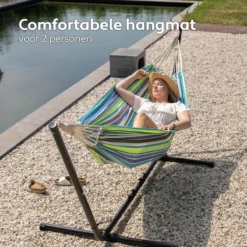 Hamac Avec Support 2 Personnes / 205 Kg - Longueur Du Cadre Réglable 290-330 Cm - Tapis De Surface 241 * 160 Cm - Avec Sac De Transport ( Blauw/ Vert -Jardin Meubles Magasin 1200x1200 56