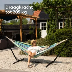 Hamac Avec Support 2 Personnes / 205 Kg - Longueur Du Cadre Réglable 290-330 Cm - Tapis De Surface 241 * 160 Cm - Avec Sac De Transport ( Blauw/ Vert -Jardin Meubles Magasin 1200x1200 57