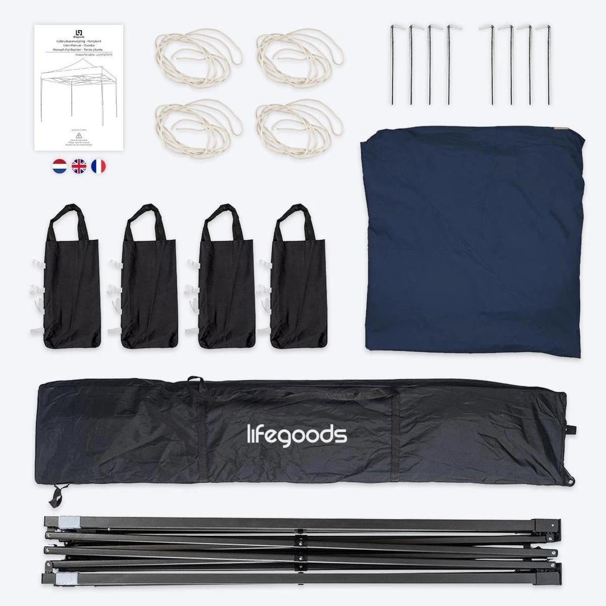 LifeGoods De Luxe LifeGoods - 3x3 M - Incl. Sacs De Poids - Cadre En Acier Pliable - Imperméable - Résistant Aux Intempéries - Sac De Transport à Roulettes - Blauw Marine 9 LifeGoods De Luxe LifeGoods - 3x3 M - Incl. Sacs De Poids - Cadre En Acier Pliable - Imperméable - Résistant Aux Intempéries - Sac De Transport à Roulettes - Blauw Marine – Image 9