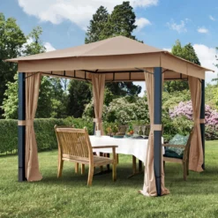 Pavillon De Jardin 3x3m Aluminium Premium 280 G / M² Bâche De Toit Pavillon étanche 4 Parois Latérales Tente De Jardin Marron Profil 9x9cm -Jardin Meubles Magasin 1200x1200 663