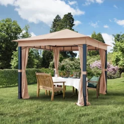 Pavillon De Jardin 3x3m Aluminium Premium 280 G / M² Bâche De Toit Pavillon étanche 4 Parois Latérales Tente De Jardin Marron Profil 9x9cm -Jardin Meubles Magasin 1200x1200 673