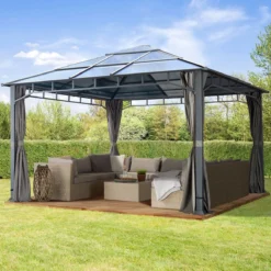 Pavillon De Jardin 4x4 M Cadre Aluminium Polycarbonate Toit Environ 8 Mm Pavillon Tente De Jardin 4 Parois Latérales Grijs -Jardin Meubles Magasin 1200x1200 735