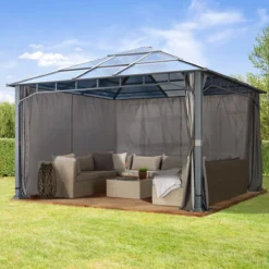 Pavillon De Jardin 4x4 M Cadre Aluminium Polycarbonate Toit Environ 8 Mm Pavillon Tente De Jardin 4 Parois Latérales Grijs -Jardin Meubles Magasin 1200x1200 736