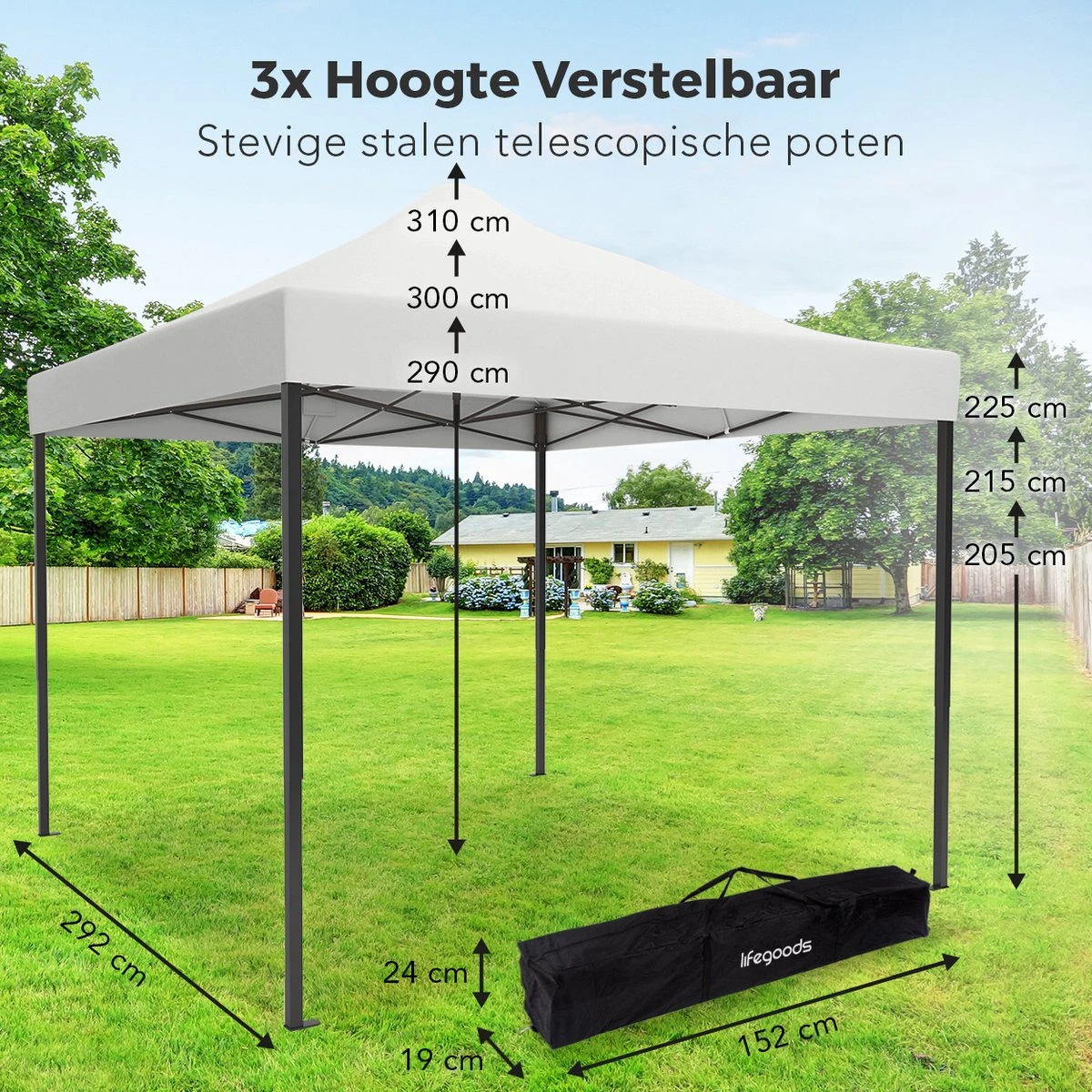 Tente De Réception De Luxe LifeGoods - 3x3 M - Incl. Sacs De Poids - Cadre En Acier Pliable - Imperméable - Résistant Aux Intempéries - Sac De Transport à Roulettes - Wit 6 Tente De Réception De Luxe LifeGoods - 3x3 M - Incl. Sacs De Poids - Cadre En Acier Pliable - Imperméable - Résistant Aux Intempéries - Sac De Transport à Roulettes - Wit – Image 6