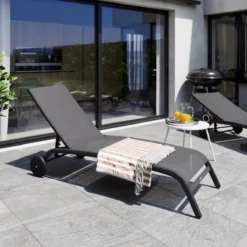 NATERIAL - Set De 2 Chaises Longues LYRA II - 2 X Chaises Longues Avec Dossier Réglable - 207x63x95 Cm - 4 Positions - Avec Roulettes - Fixe En Aluminium - Textilène - Anthracite -Jardin Meubles Magasin 1200x1200 860