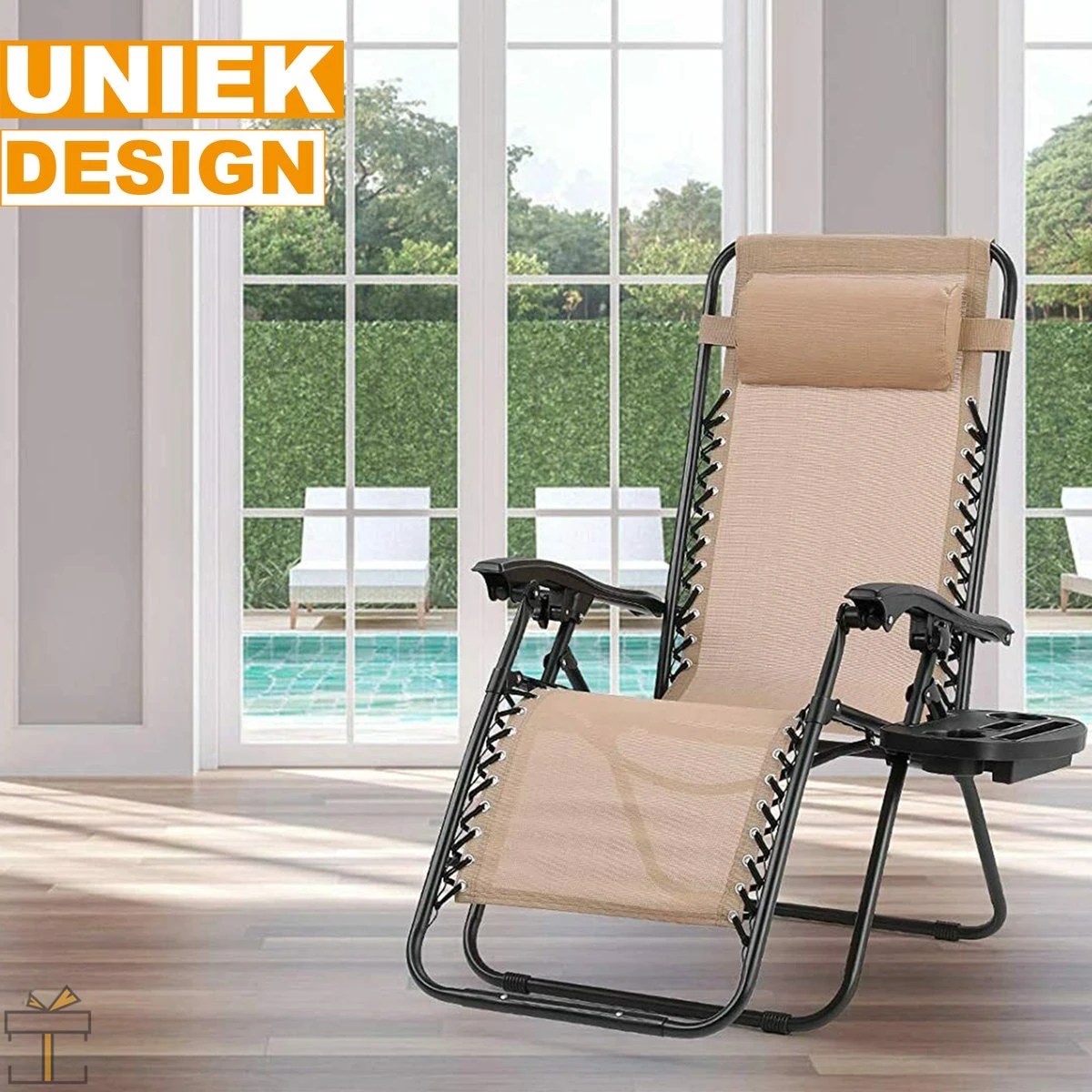 Happyment Chaises De Plage Pliables 2 Pièces - Chaises De Jardin Avec Table - Bain De Soleil - Réglable De 0° à 160° - Beige 2 Happyment Chaises De Plage Pliables 2 Pièces - Chaises De Jardin Avec Table - Bain De Soleil - Réglable De 0° à 160° - Beige – Image 2