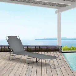 Transat Chaise Longue Inclinable Réglable En 5 Positions Bain De Soleil Design Avec Anses De Transport Capacité De Charge 110 Kg Acier Polyester Argenté Mat Gris Foncé [casa.pro] -Jardin Meubles Magasin 1200x1200 879
