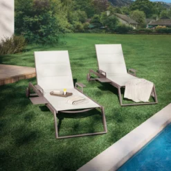NATERIAL - Set De 2 Bains De Soleil ODYSSEA - 2 Chaises De Jardin à Roulettes - Capacité De Charge Jusqu'à 160 Kg - 222X64X87,5 Cm - Bains De Soleil - Aluminium - Textilène - Moka -Jardin Meubles Magasin 1200x1200 987