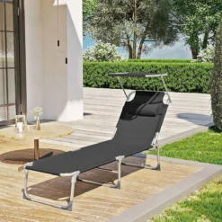 Signature Home Malaga Chaise Longue - Chaise Longue Avec Appuie-tête Et Toit Ouvrant - Dossier Réglable - Léger - Pliable - Chargeable Jusqu'à 150 Kg - Jardin - Balcon - Noir - 53 X 193 X 29,5 Cm -Jardin Meubles Magasin 1200x1200 988