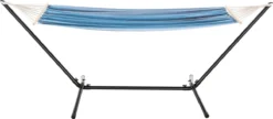 Hamac Avec Cadre Robuste Ensemble Toile Et Support Capacité De Charge 120 Kg Pour Intérieur Extérieur Acier Coton Polyester 200 X 100 Cm Noir Bleu Rayé [en.casa] -Jardin Meubles Magasin 1200x524