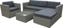 Belito® Ibiza Lounge Set Wicker - Ensemble De Jardin 4 Personnes - Résistant Aux Intempéries - Coussins Gris Hydrofuges - Incl. Fauteuil Lounge Et Table Basse - Poly