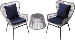 Teamson Home - Ensemble De Jardin 3 Pièces - Mobilier De Jardin - Set De Bistro - 2 Chaises Et Table - Rotin/Osier - Blauw/ Grijs