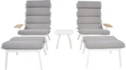 Chaises Lounge Longues Set Ventus - 2 Chaises Avec Tabouret Et Table D'appoint - Aluminium - Wit - Incl. Coussins