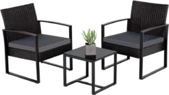 Furnibellaa - Ensemble De Jardin En Polyrotin Ensemble De Balcon 3 Pièces Ensemble De Salon Aspect Rotin Pour Jardin Et Terrasse, Avec Coussin D'assise Et Plaque De Verre