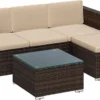 Ensemble De Salon - Avec Coussins Et Table En Verres - Salon De Jardin - Terrasse - Balcon - Aspect Rotin - Marron Beige