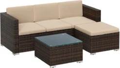 Ensemble De Salon - Avec Coussins Et Table En Verres - Salon De Jardin - Terrasse - Balcon - Aspect Rotin - Marron Beige