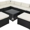 Casaria Polyrattan Lounge Set XXL Coussins Table Plateau En Verre Mobilier De Jardin Zwart Crème
