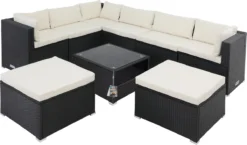 Casaria Polyrattan Lounge Set XXL Coussins Table Plateau En Verre Mobilier De Jardin Zwart Crème