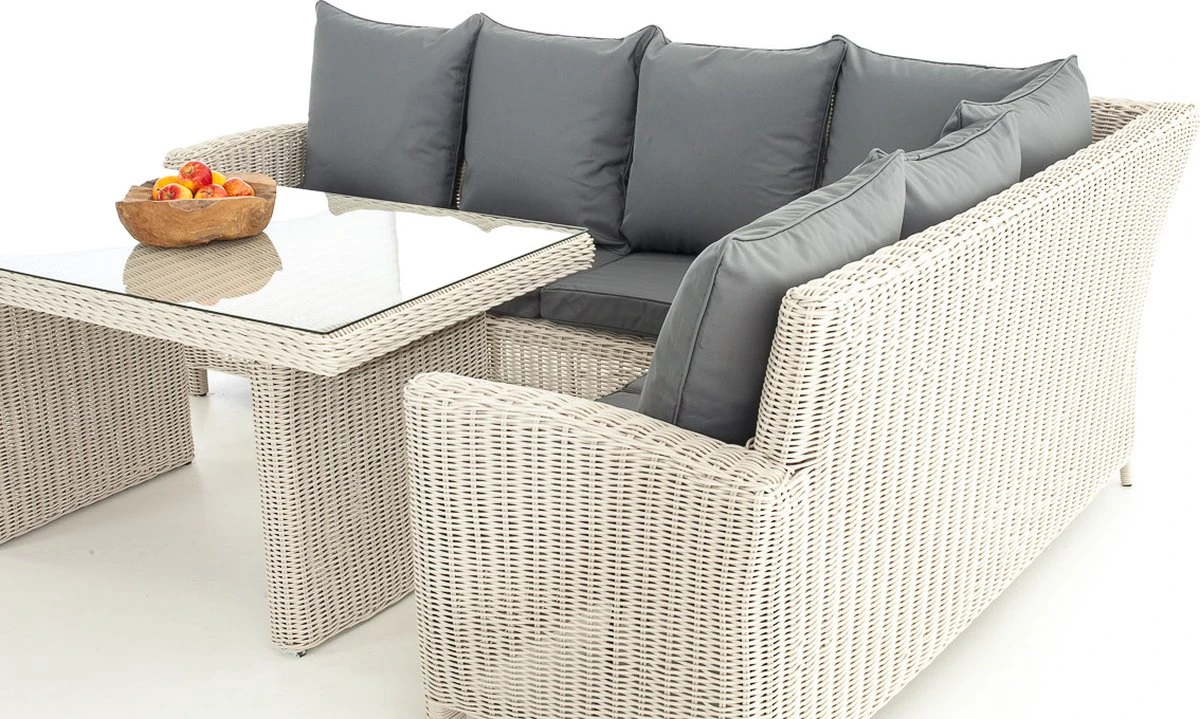 Ensemble De Jardin Mundi - Table En Verre Rotin Tressé - Salon De Mobilier De Jardin - Table à Manger - Ensemble De Salon - Table D'extérieur - Table Basse - Crème/gris - 6 Personnes 3 Ensemble De Jardin Mundi - Table En Verre Rotin Tressé - Salon De Mobilier De Jardin - Table à Manger - Ensemble De Salon - Table D'extérieur - Table Basse - Crème/gris - 6 Personnes – Image 3